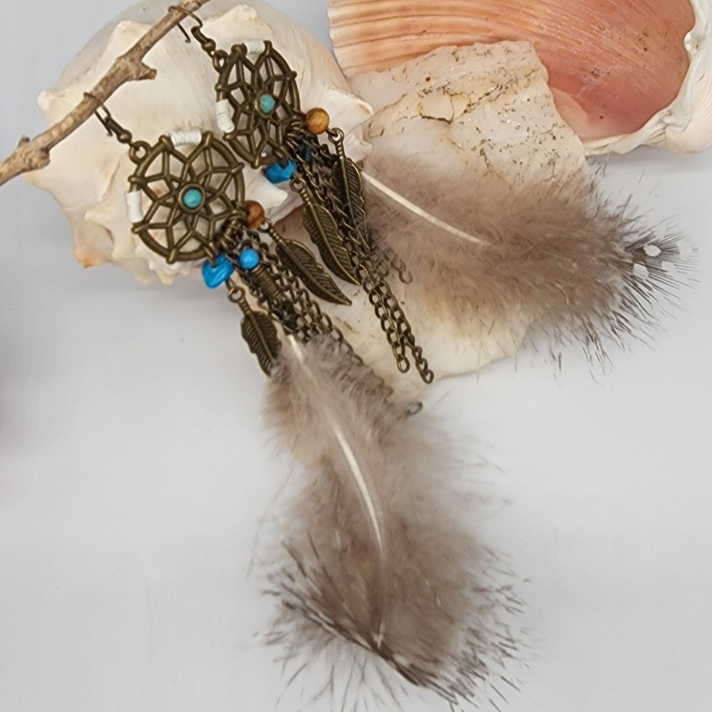 Free People Boho Feather Earrings - Turquoise and Brown